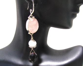 Handmade long gemstone statement earrings/Rose Quartz, Purple Quartz, Shell beads ancient style earrings/Victorian style gemstone earrings