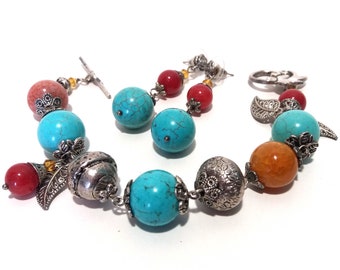 Boho  Turquoise Agate Jade bracelet and earring set/bracelet earrings set/turquoise gemstone bracelet earrings set/on the rock bracelet