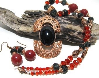 Ónix negro hecho a mano, ágata, jade rojo, cristal, conjunto de joyas de cobre de collar colgante y pendientes/conjunto de joyas de estilo medieval/estilo vintage