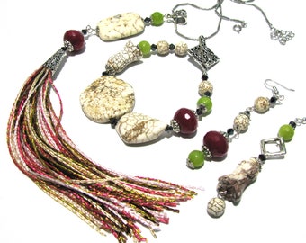 Handmade Tassel Pendant, Bracelet and Assimetryc Earrings Set/Gemstone Jewelry Set/ White Turquoise, Red and Green Jade Set/Gift for Her/