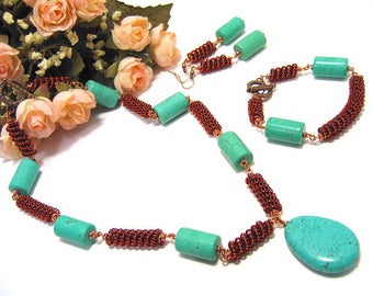 Medieval Ancient Style Jewelry set of necklace with pendant, bracelet, earrings/ Turquoise gemstone jewelry set