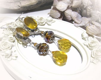 Vintage style earrings/Long drop statement earrings/Honey color Quartz and crystal beads earrings/ Ancient style earrings
