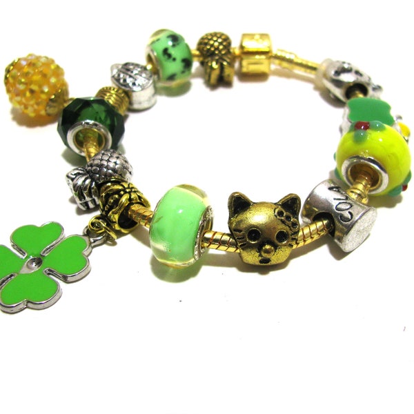 Pandora Style Mädchen Armband/Schlangenkette, St.Patrick's Day Kleeblatt Bettelarmband/ Designer Armband/Geschenk für Sie/Unikat Armband