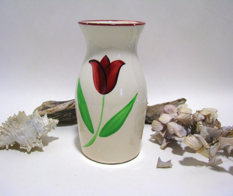 French vintage hand painted ceramic vase small size/ Vintage ceramic vase hand painted tulip motif from France image 1