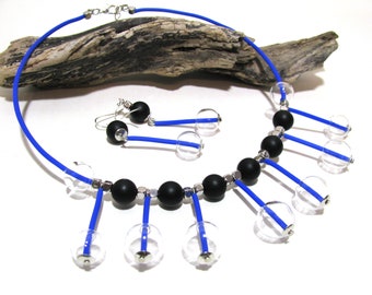 Contemporary statement choker necklace with handblown transparent hollow glass bubble beads