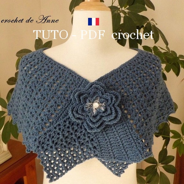 PDF Tutorial sheet - Pèlerine / Shawl, pretty fancy points, closed by a flower brooch, in French!