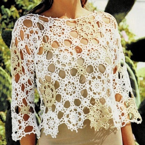 Modèle TUNIQUE coton orné de belles rosaces assemblées, Taille 34 à 40, Explications et grilles en Français, PDF crochet Vintage FRANCAIS !