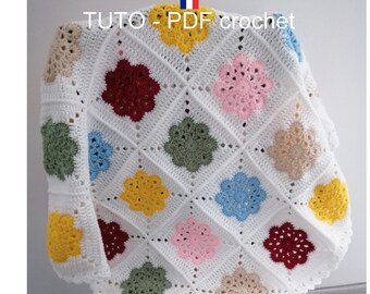 PDF CROCHET - Couverture bébé orné de jolis carrés granny , aux motifs fleuris et colorés , facile à réaliser , Tuto en FRANCAIS !