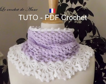 PDF CROCHET - Tour de cou / snood lilas blanc , orné d'une belle bordure dentelle , facile à réaliser , Tuto en FRANCAIS !