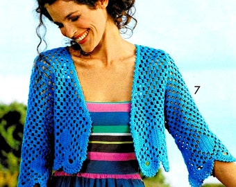 Modèle BOLERO coton bleu, Bordures dentelle, Taille 36/38, 40/42, 44/46, Explications et grilles en Français, PDF crochet Vintage FRANCAIS !