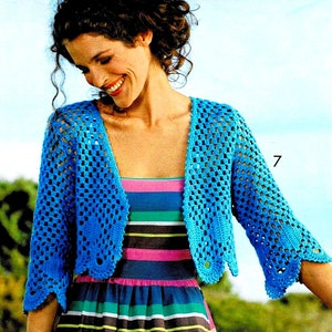 Modèle BOLERO coton bleu, Bordures dentelle, Taille 36/38, 40/42, 44/46, Explications et grilles en Français, PDF crochet Vintage FRANCAIS !