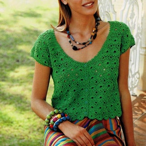 Modèle TOP coton vert fermé par 5 boutons, Taille 34 à 40, 42 à 48, Explications et grilles en Français, PDF crochet Vintage FRANCAIS !