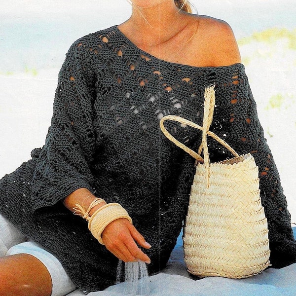 Modèle PULL coton aux motifs losanges, Tunique de plage, Taille 40, 42/44, Tuto explications et grilles, PDF crochet Vintage en FRANCAIS !