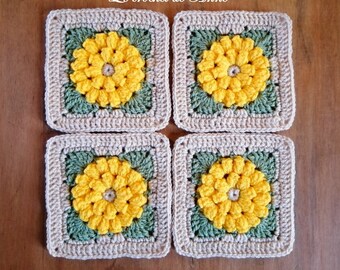 PDF CROCHET : Motif Granny fleur 3D, Carré Grand-Mère, Photos chaque rang et Assemblage, Facile à réaliser avec schéma, Tuto en FRANCAIS !