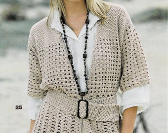 Modèle VESTE avec ceinture nouée, Taille 38/40, 42/44, 46/48, Tuto explications et grilles en Français, PDF crochet Vintage en FRANCAIS  !