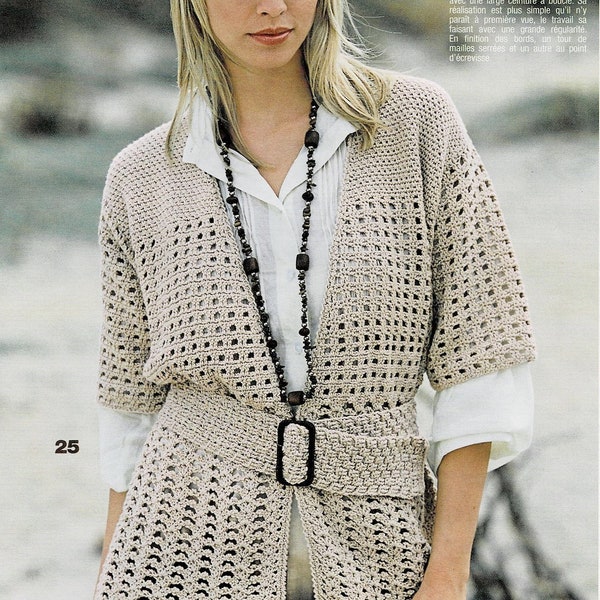 Modèle VESTE avec ceinture nouée, Taille 38/40, 42/44, 46/48, Tuto explications et grilles en Français, PDF crochet Vintage en FRANCAIS  !