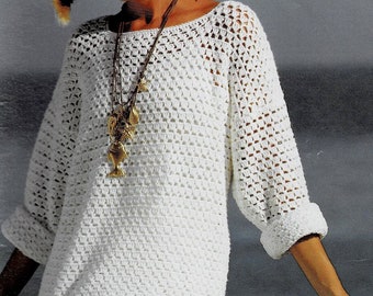 Modèle Maxi-Pull coton blanc, seulement 3 points au crochet, taille 38/40, 42/44, Explications et grilles, PDF crochet Vintage en FRANCAIS !