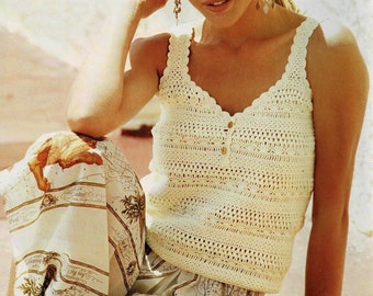 Modèle TOP coton écru, Motif fantaisie, Taille 34/36, 38/40, 42/44, 46/48, Explications et grilles Français et Anglais, PDF crochet Vintage