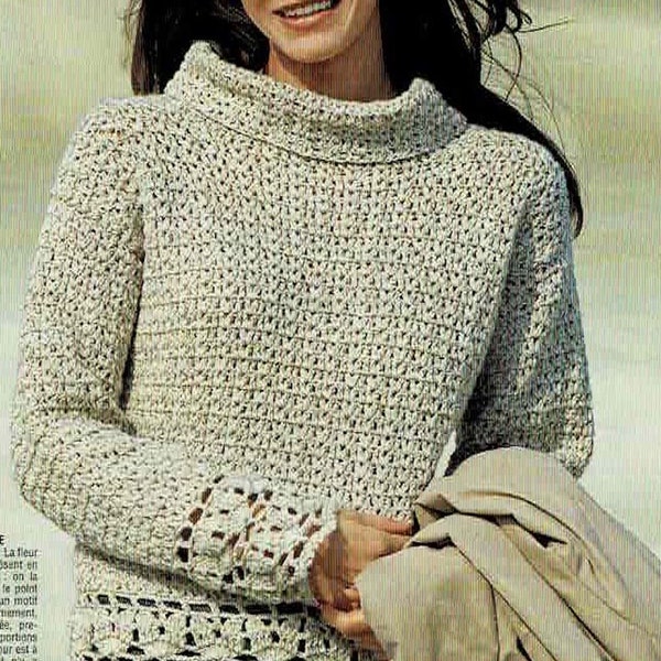 Modèle PULL écru, effet tweed, orné d'un col roulé, Tutoriels explications et grilles en Français, PDF crochet Vintage en FRANCAIS !