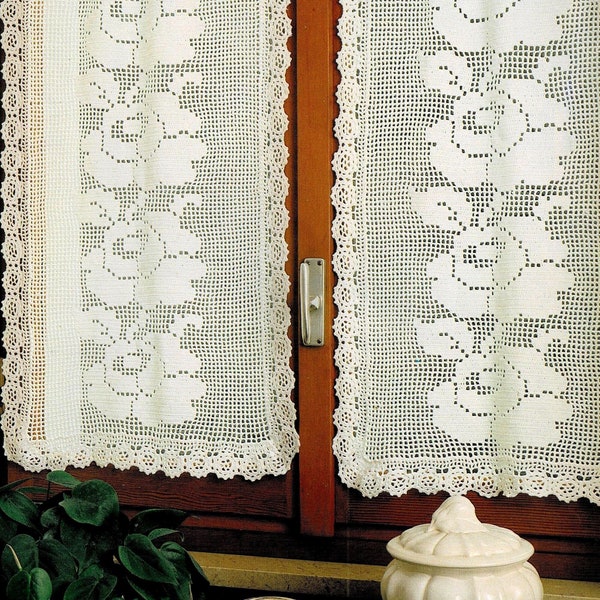 Modèle Rideaux orné de roses, Filet de brides, Déco maison dentelle, Tuto explications et grilles en Français, PDF crochet Vintage FRANCAIS