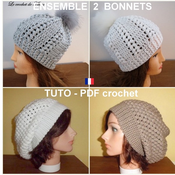 Ensemble 2 PDF CROCHET : Bonnets orné d'un pompon fourrure et Bonnets aux jolis points Puff Stitch , facile à réaliser , Tuto en Français !