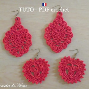 PDF CROCHET - Boucles d'oreilles motif Ananas et motif Coeur , Bijoux romantique en dentelle fine , facile à réaliser , Tuto en Français