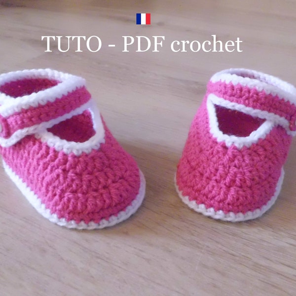 PDF CROCHET - Chaussons bébé rose fuchsia , orné de bordures blanches , de 3 à 12 mois , facile à réaliser , Tuto en FRANCAIS !
