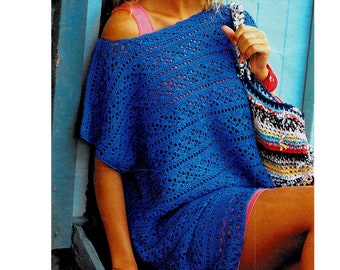 Modèle PULL coton bleu royal, Tunique de plage, Taille 38, 40, 42/44 et 46, Tuto explications et grilles, PDF crochet Vintage en FRANCAIS !
