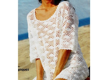 Modèle PULL / Tunique de plage en coton blanc, Taille 40, 42, 44/46, Tuto explications et grilles, PDF crochet Vintage en FRANCAIS !