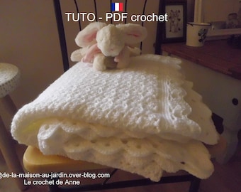 PDF CROCHET - White plaid with pretty fancy stitches adorned with a beautiful lace border, easy to make, Tutorial in FRENCH!