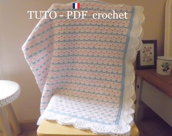 PDF CROCHET - Plaid aux rangs colorés , orné d'une belle bordure dentelle , facile à réaliser , Tuto en FRANCAIS !