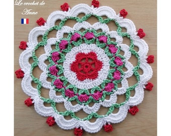 PDF CROCHET - Mandala with colored rows, decorated with red flowers, Boho Mandala, African flower, easy to make, Tutorial in FRENCH!