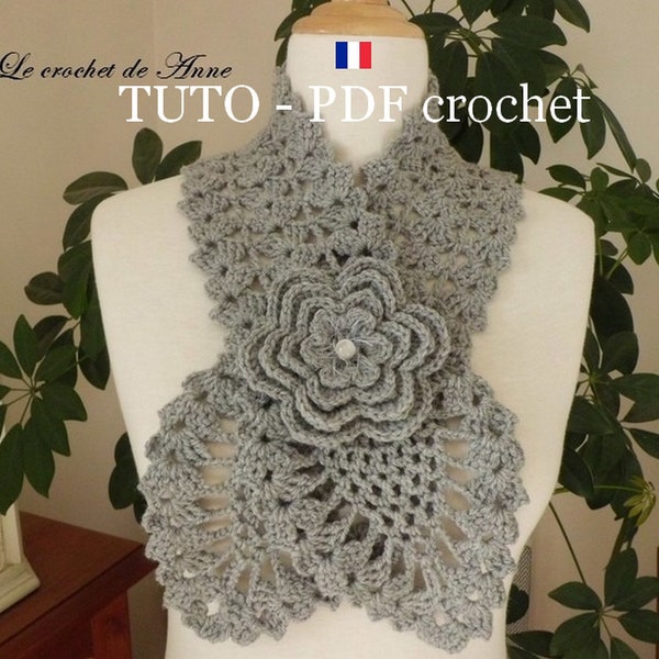 PDF CROCHET - Echarpe aux pointes Ananas , ornée d'une fleur broche , facile à réaliser , Tuto en Français et en Anglais !