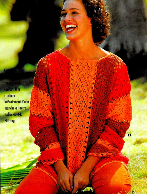 Modele Pull colore se crochete d une manche a l autre Taille 40 44 Tuto explications et grilles en Francais PDF crochet Vintage FRANCAIS Etsy Espana