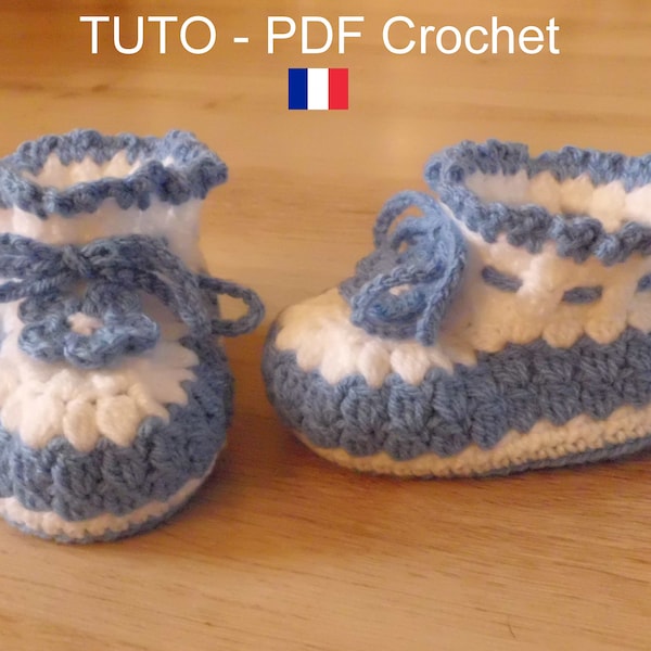 PDF CROCHET - Chaussons bébé , aux 2 couleurs , orné d'une lanière et d'une fleur , de 3 à 12 mois , facile à réaliser , Tuto en FRANCAIS !