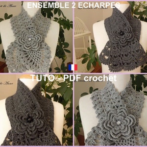 Ensemble 2 PDF CROCHET : Echarpe pointe ananas et Echarpe bordure dentelle , orné d'une fleur broche , Tuto en Français and in English image 1