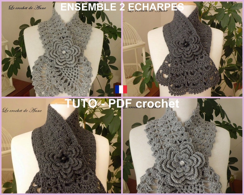 Ensemble 2 PDF CROCHET : Echarpe pointe ananas et Echarpe bordure dentelle , orné d'une fleur broche , Tuto en Français and in English image 1