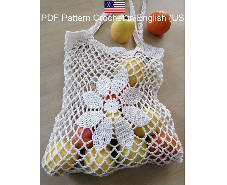 PDF CROCHET Sac filet orné d'une fleur aux 8 pétales, Sac zéro déchet et réutilisable, facile à réaliser Tuto en Français et en Anglais imagen 8