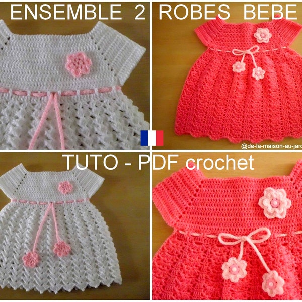 Ensemble 2 PDF CROCHET : Robe bébé blanche et rose, orné de jolis points fantaisies et de fleurs, Facile à réaliser, Tuto en Français !