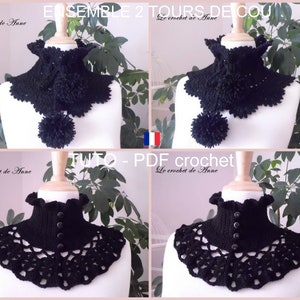Ensemble 2 PDF CROCHET : Tour de cou style victorien bordure ondulée et Tour de cou orné de pompons , Tuto en Français !