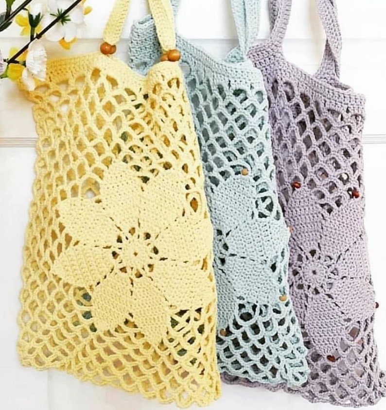 PDF CROCHET Sac filet orné d'une fleur aux 8 pétales, Sac zéro déchet et réutilisable, facile à réaliser Tuto en Français et en Anglais image 3