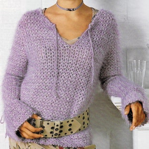 Modèle PULL laine Mohair rose parme , Taille 38/40, 42/44 , Tutoriels explications et grilles en Français, PDF crochet Vintage en FRANCAIS !