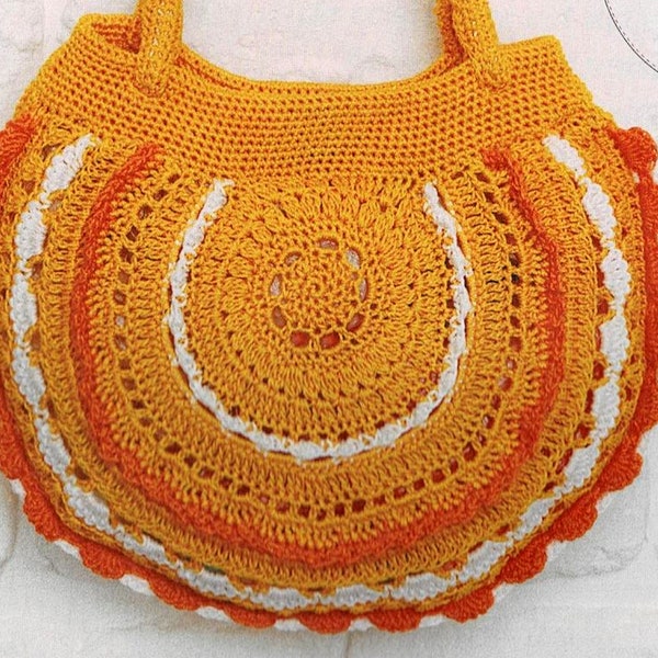 Modèle SAC rond en 100 % coton jaune orange et blanc , Tutoriels explications et grilles en Français, PDF crochet Vintage en FRANCAIS !