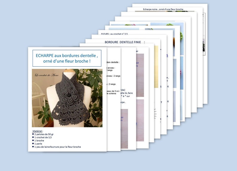 Ensemble 2 PDF CROCHET : Echarpe pointe ananas et Echarpe bordure dentelle , orné d'une fleur broche , Tuto en Français and in English image 7