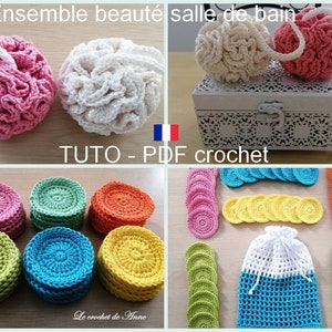 May include: A set of crocheted bathroom accessories in various colors, including a set of reusable cotton rounds, a washcloth, and two bath poufs. The text "TUTO - PDF crochet" is visible in the image.