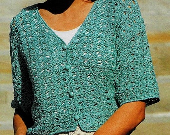Modèle GILET coton menthe, Encolure en V , Taille 36, 38/40, 42/44, Explications et grilles en Français, PDF crochet Vintage FRANCAIS !