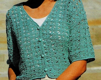 Modèle GILET court en coton menthe, Encolure en V , Taille 36, 38/40, 42/44, Tuto et grilles en Français, PDF crochet Vintage FRANCAIS !