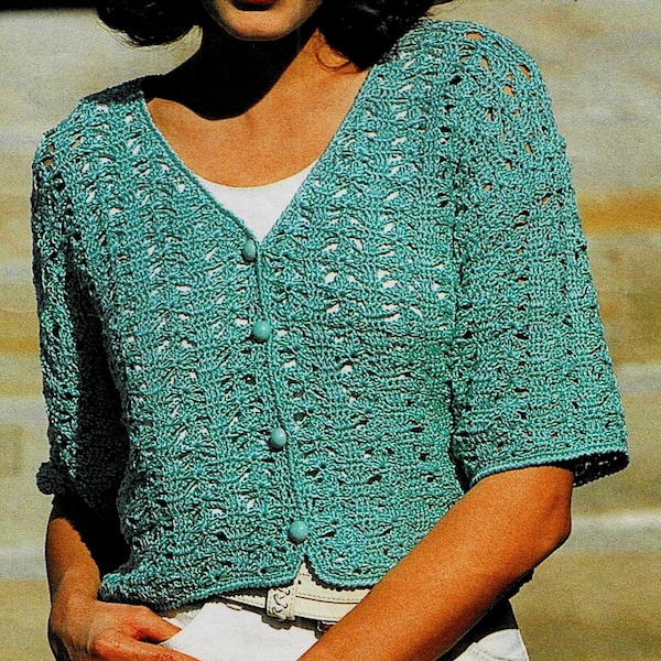 Modèle GILET court en coton menthe, Encolure en V , Taille 36, 38/40, 42/44, Tuto et grilles en Français, PDF crochet Vintage FRANCAIS !