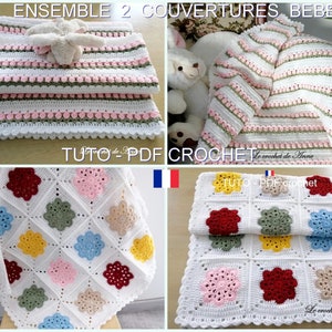May include: Two crocheted baby blankets, one with a striped pattern in pink, green, and white, and the other with a colorful floral pattern. The blankets are made with a white yarn and feature a crocheted border. The image includes the text "TUTO-PDF CROCHET Le crochet de Anne".