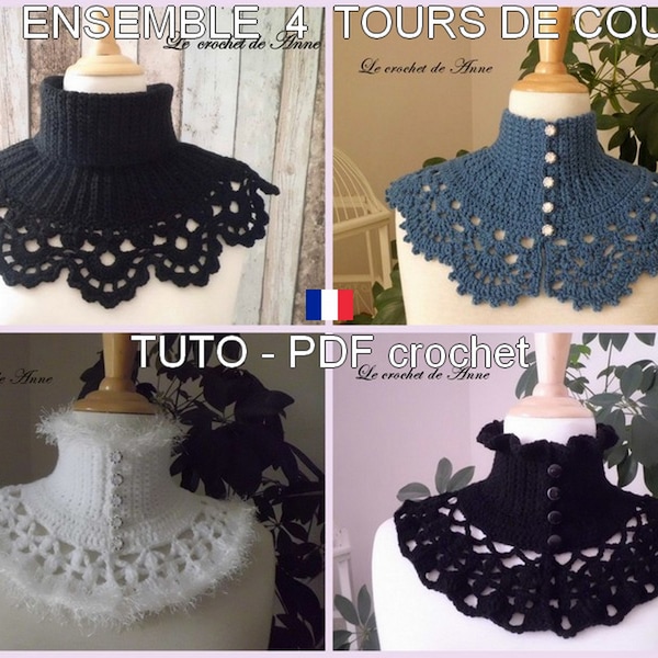 Ensemble 4 PDF CROCHET : Tours de cou VICTORIEN , aux  bordures dentelle , ondulées , fourrure , col roulé , Tuto en Français !